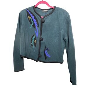 VTG Beppa Jacket Women's Size M Wool Blend Cropped Blue Abstract Applique  M